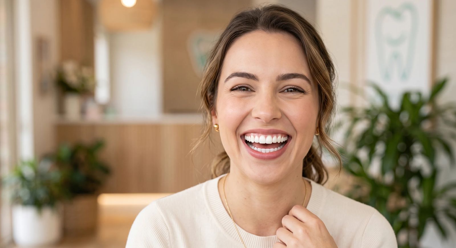 A woman laughing in a bright, calm consultation room